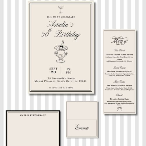 Ivory & Black Birthday Party Invitation - Complete Suite