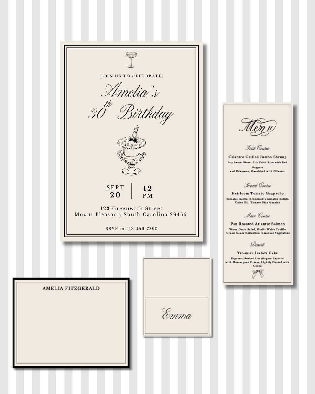 Ivory & Black Birthday Party Invitation - Complete Suite
